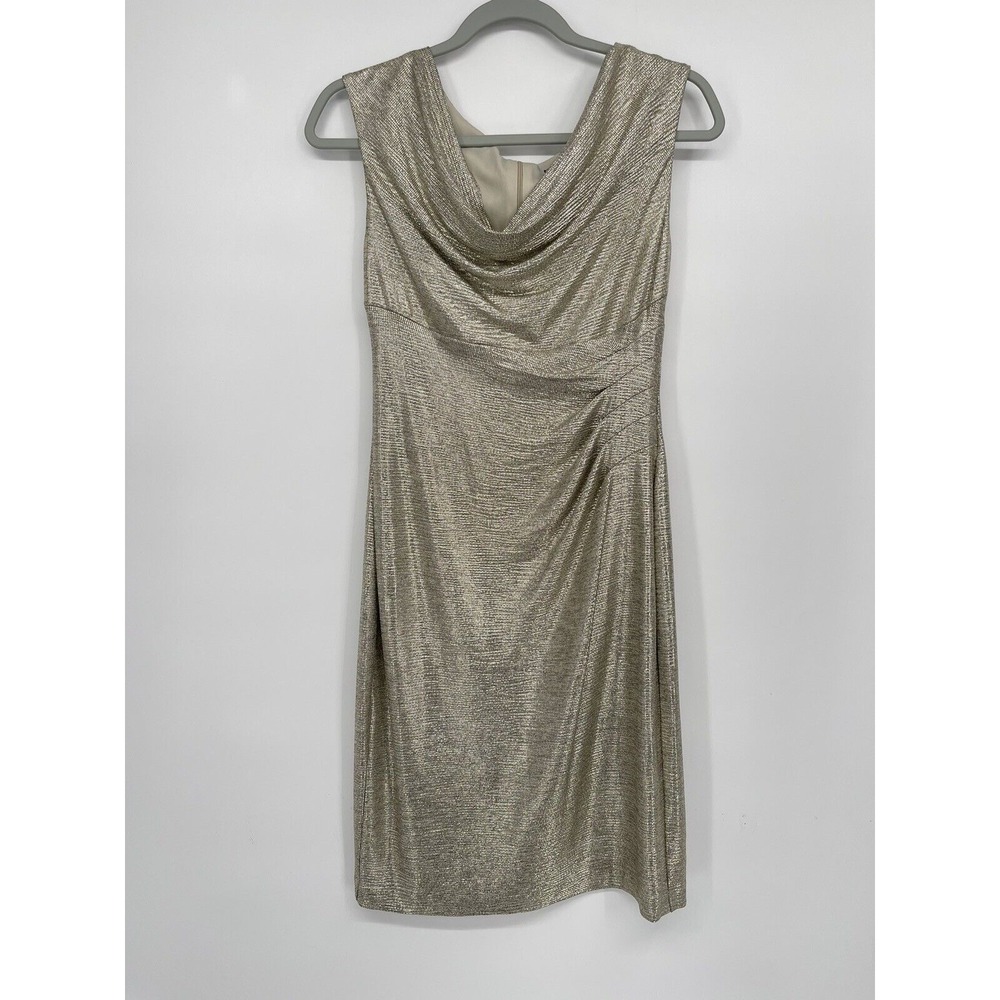 Connected Apparel Maren Gold Foil Metallic Sheath‎ Dress Cowl Neck 4P